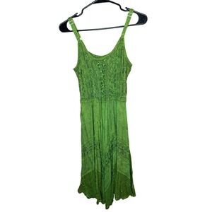 Fairycore Bohemian Lace Up Green Sundress Midi Fairy Grunge Hippie Festival
